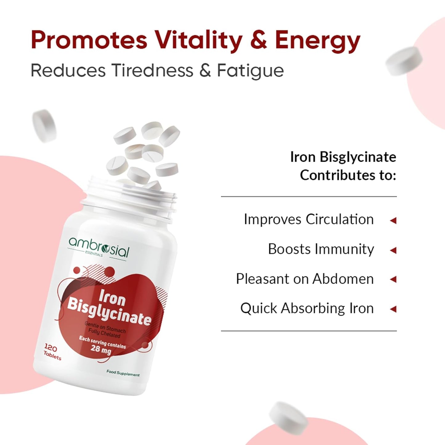 Ambrosial Iron Bisglycinate 28mg High Strength Tablets | High Absorption Iron Supplement for Tiredness and Fatigue for Women and Men | Pack of 1-120 Veg Tablets