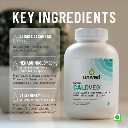 Unived Caldveg | Wholefood Plant-Based Calcium, Magnesium & 73 Trace Minerals, Vit D3 (Lichen), Vit K2-7 (Menaquingold) | Complete Supplement For Bone Health & Healthy Ageing, Capsule