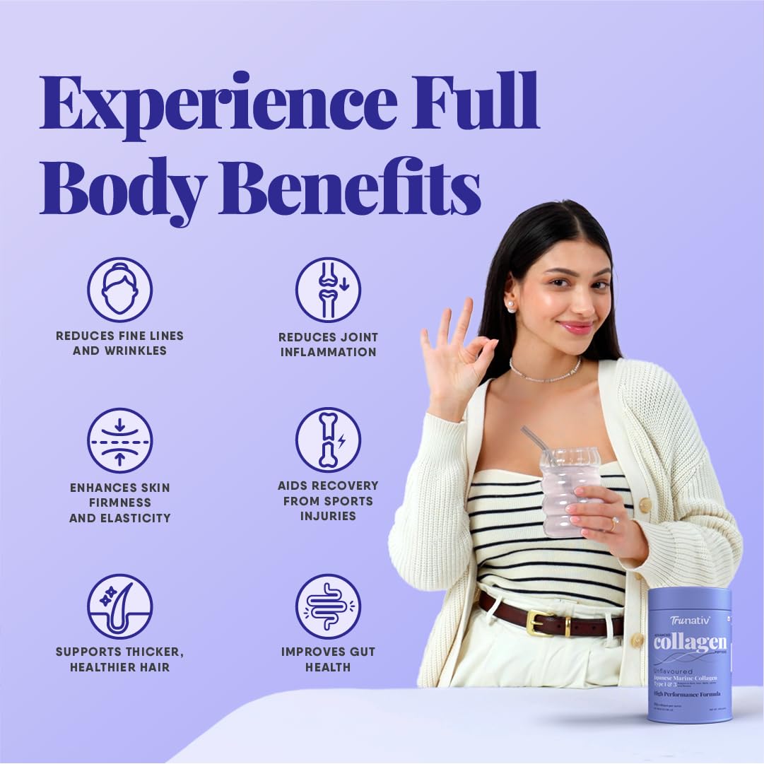 Trunativ Collagen Supplements | Advanced Japanese Marine Collagen Powder for Women & Men | Type 1 and 3 Hydrolyzed Peptides | Supplement with Hyaluronic Acid | Supports Skin Glow, Hair Growth, and Nail Strength | Unflavoured (200g)