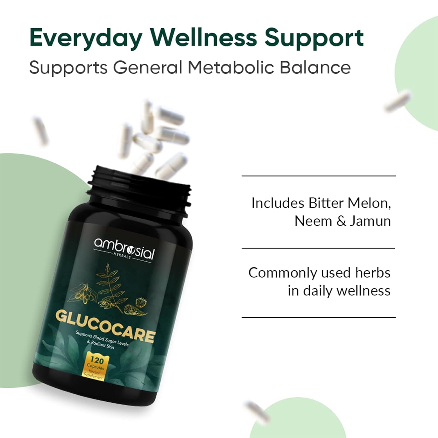 Ambrosial Glucocare | Bitter Melon | Neem | Black Plum (Jamun) | Helps in Balancing Blood Sugar | 100% Natural Ingredients (Pack of 1-120 Capsules)
