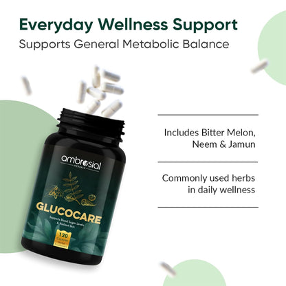 Ambrosial Glucocare | Bitter Melon | Neem | Black Plum (Jamun) | Helps in Balancing Blood Sugar | 100% Natural Ingredients (Pack of 1-120 Capsules)