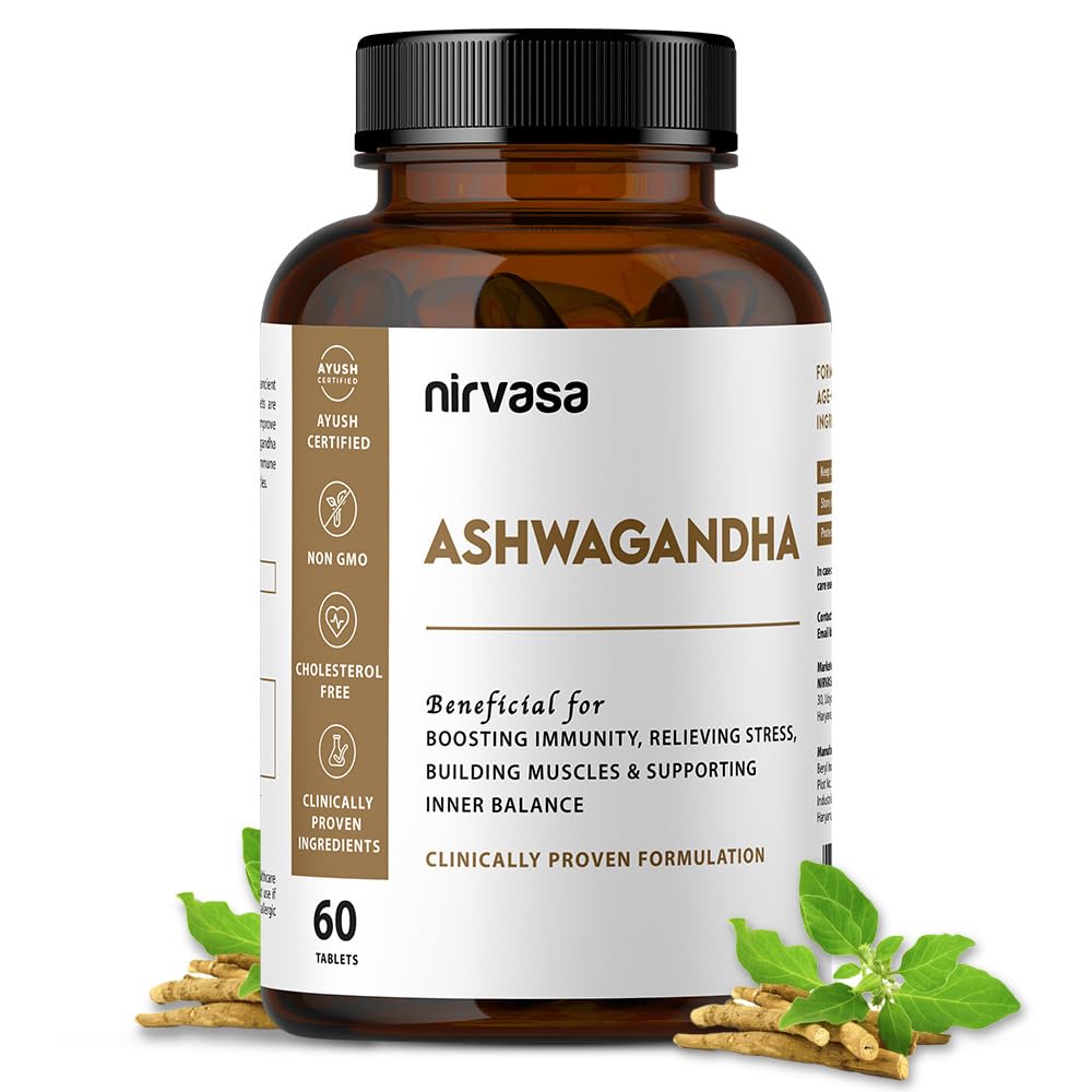 Nirvasa Ashwagandha Tablets (500mg, 60 Tabs) | Natural Ashwagandha Extract | Reduces Stress & Anxiety | Boosts Immunity, Energy & Sleep Quality | Supports Muscle Strength & General Wellness
