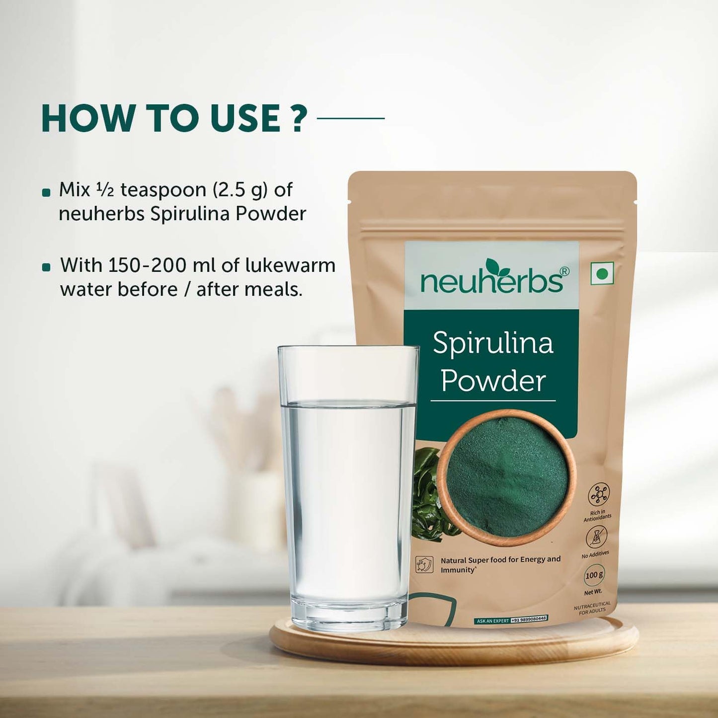 Neuherbs Spirulina Powder - 100g | Supports Energy, Immunity & Detox | Rich in Iron, Calcium, Potassium & Omega 3 6 9 | 100% Pure & Natural With No Artificial Additives