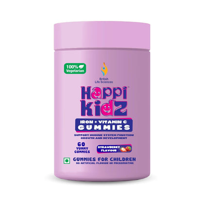 Happi Kidz Iron + Vitamin C Gummies For Kids-(60 Gummy Bears) -Supports Immune system function, Helps build red blood cells & overall growth and development | Strawberry Flavour | | Lab tested for purity