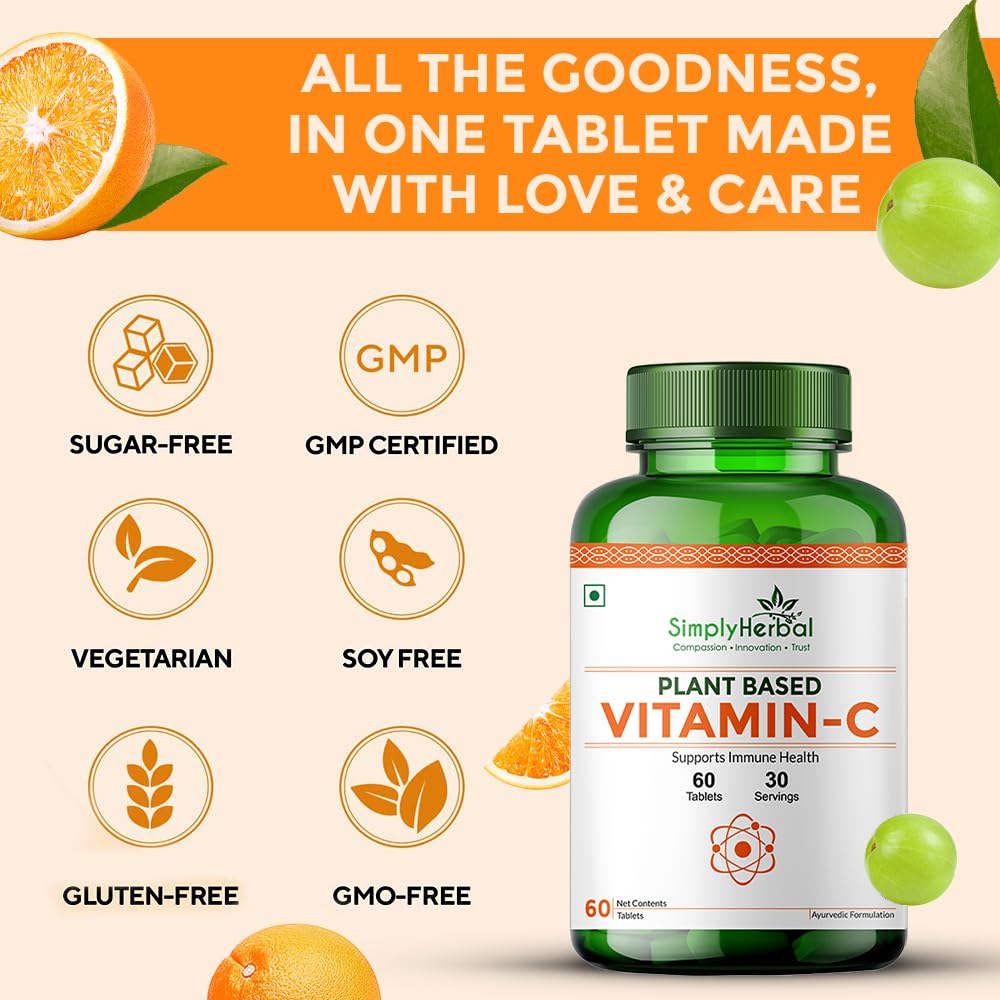Simply Herbal Plant Based Vitamin C Tablet for Glowing Skin & Face, Ascorbic Acid, Amla Extract, Skin Glowing Supplement Promote Beauty & Health for Men & Women - 60 Tablets