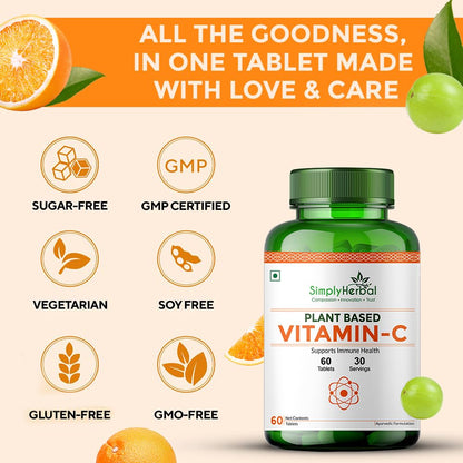 Simply Herbal Plant Based Vitamin C Tablet for Glowing Skin & Face, Ascorbic Acid, Amla Extract, Skin Glowing Supplement Promote Beauty & Health for Men & Women - 60 Tablets