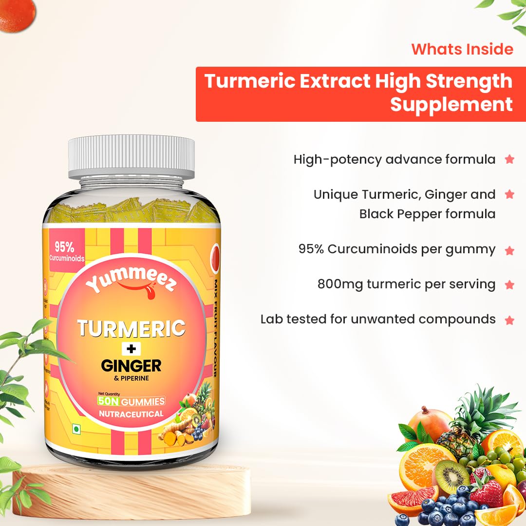 NATURYZ Turmeric + Ginger Gummies â€“ Lung detox Supplement with 95% Curcumin & Piperine | Powerful Joint, Immunity, Respiratory & Inflammation Support | High Absorption Formula with Curcuma Longa Extract | Vegan, Non-GMO, 50 Gummies (Mix Fruit Flavour)