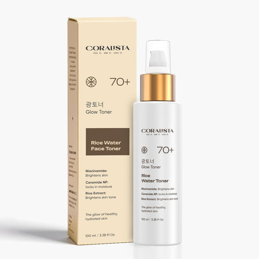 CORALISTA Rice Water Glow Toner with Niacinamide & Ceramide NP | Korean Brightening & Hydrating Face Toner | Evens Skin Tone, Fades Dark Spots, Locks in Moisture | 100ml Alcohol-Free Toner