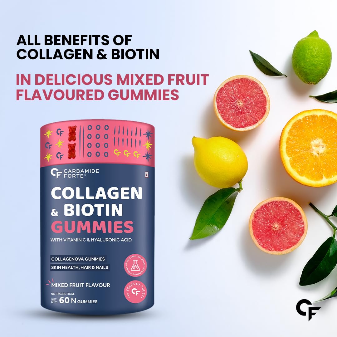 Carbamide Forte Collagen Supplements For Skin | Hair Gummies For Women Hair Growth | Biotin Gummies For Hair Growth & Skin Health For Women & Men | Mixed Fruit Flavour - 60