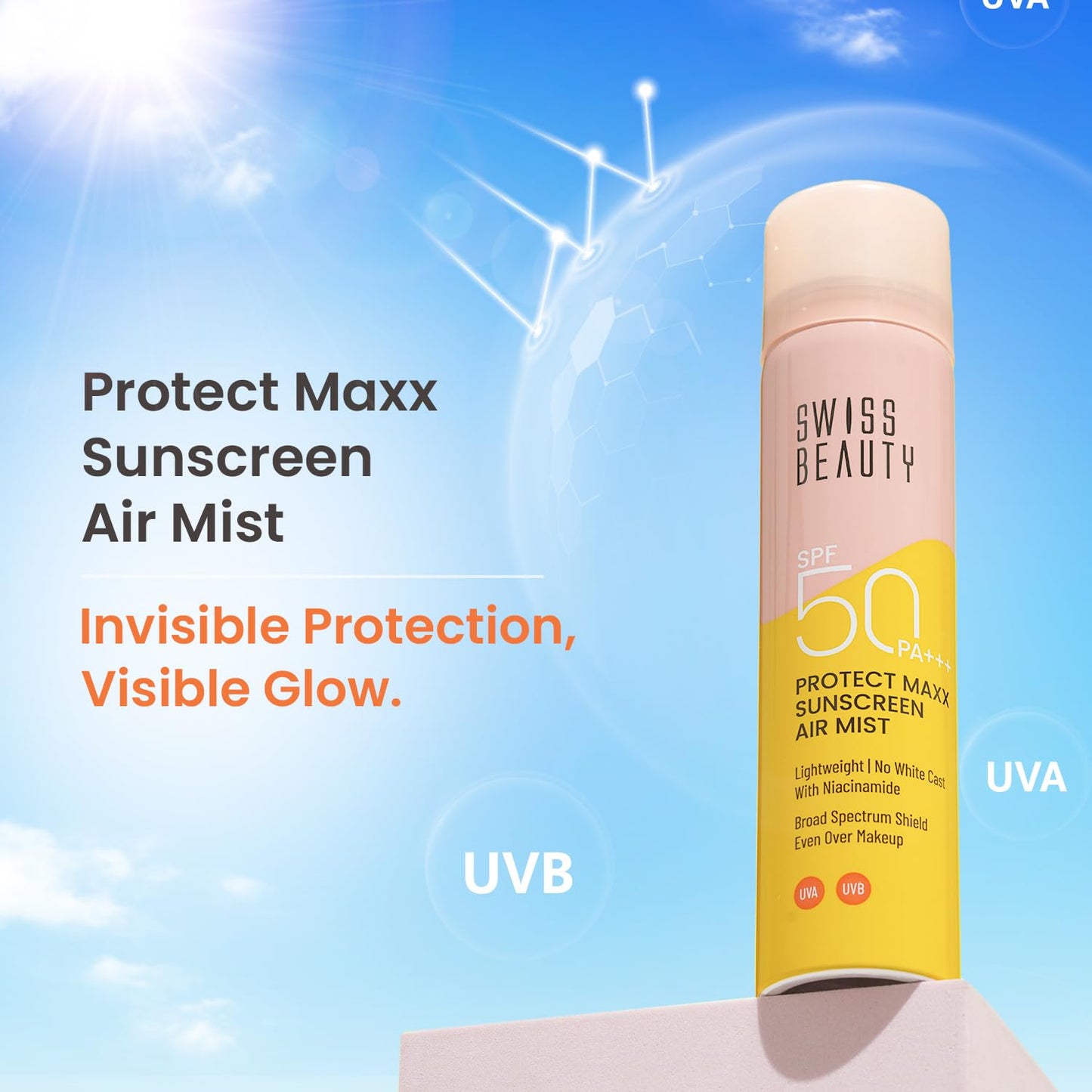 SWISS BEAUTY Protect Maxx Sunscreen Air Mist | SPF 50 PA+++ | With Niacinamide | UVA+UVB Protection For All Skin Type | Even Over Makeup | For Face & Body | 80ml
