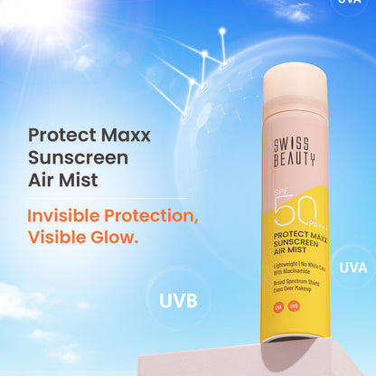 SWISS BEAUTY Protect Maxx Sunscreen Air Mist | SPF 50 PA+++ | With Niacinamide | UVA+UVB Protection For All Skin Type | Even Over Makeup | For Face & Body | 80ml
