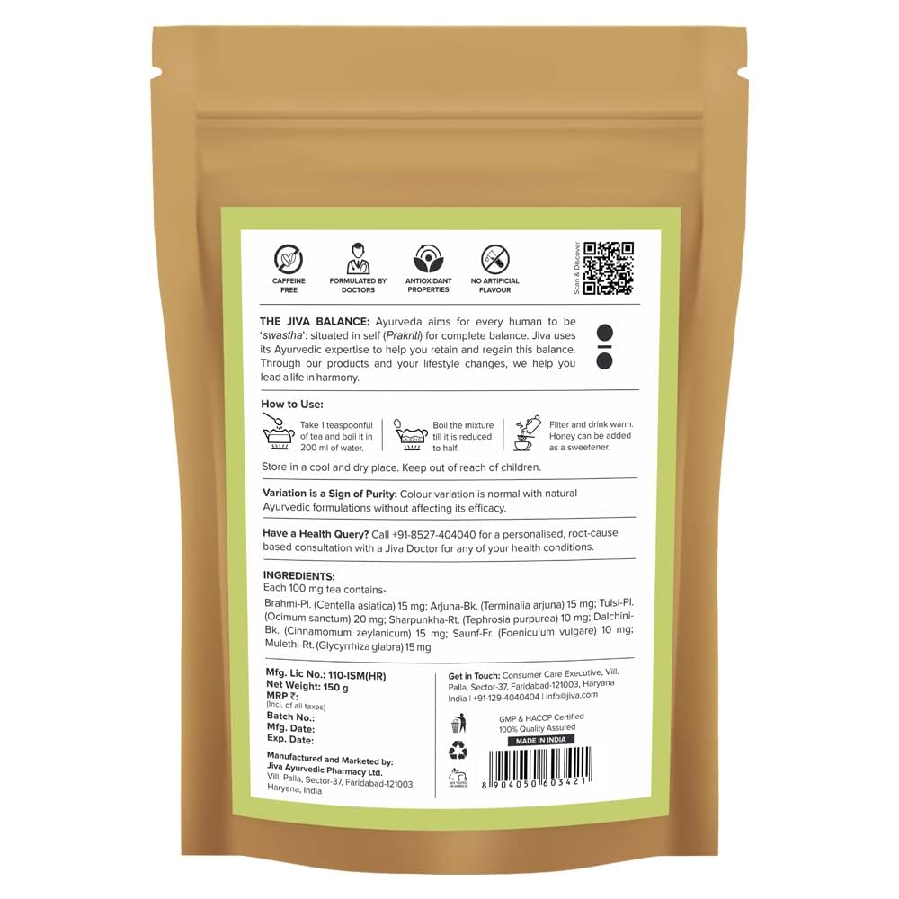 Jiva Ayurvedic Tea Caffeine-Free Tea For Healthy Heart, Brain, and Liver | Boosts Immunity, Lowers Cholesterol & Improves Digestion | No Artificial Flavour -150g