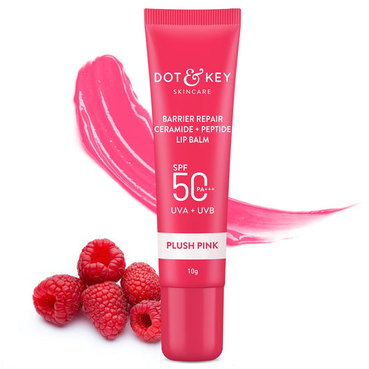 Dot & Key Ceramide & Peptide Barrier Repair Lip Balm SPF 50, PA+++ |Plush Pink | UVA/UVB Lip Protection | Soft Tinted Lip Moisturizer | Boosts Collagen & Instantly Plumps Lip | Prevents Pigmentation | Lip Balm for Women | 10gm