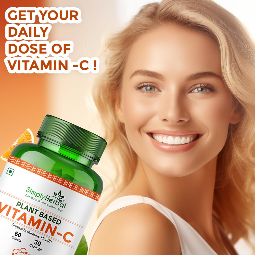 Simply Herbal Plant Based Vitamin C Tablet for Glowing Skin & Face, Ascorbic Acid, Amla Extract, Skin Glowing Supplement Promote Beauty & Health for Men & Women - 60 Tablets