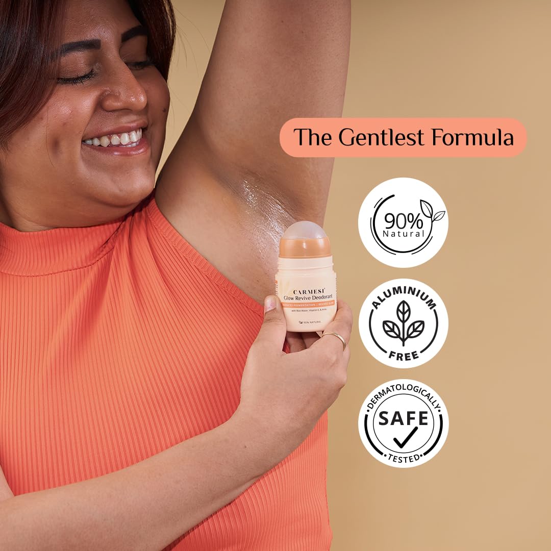 Carmesi Glow Revive Underarm Roll On Deodorant for Women | Brightens Skin, Reduces Pigmentation, Controls Odour | Rice Water, Vitamin E, 2% w/w Salicylic Acid & AHAs | 90% Natural | No Alcohol & Aluminium | 50 ml