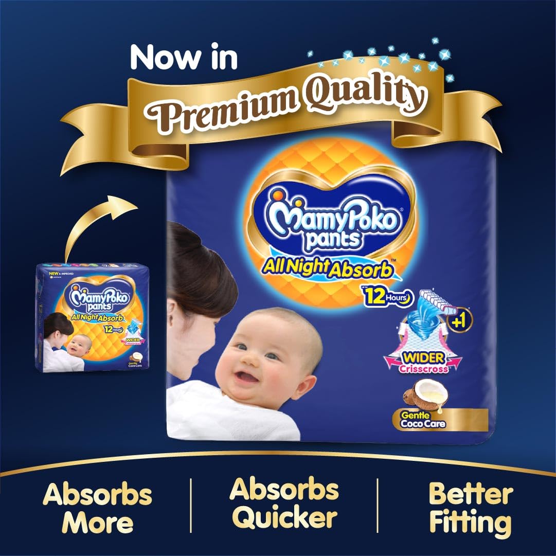 New Mamypoko Pants Premium All Night Absorb| Pant Style Baby Diapers Large Size(L), 62 Count, Ideal for 9-14Kgs|1 Diaper= Upto All Night Absorption now with 10% increased power|Wider Crisscross Sheet|Gentle Coco Care| 12hr Leakage Protection