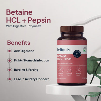 Miduty by Palak Notes Betaine HCL + Pepsin, Betaine HCL Pepsin Capsules Pepsin for Digestion Acidity & Indigestion Betaine HCL Supplement - 60 Capsules