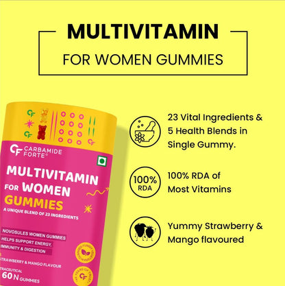 Carbamide Forte Multivitamin Gummies for Women | Multivitamin for Women' s Hair, Skin & Nails, with Biotin & Antioxidants for Immunity & Probiotics for Digestion | 23 Ingredients - 60 Veg Gummies