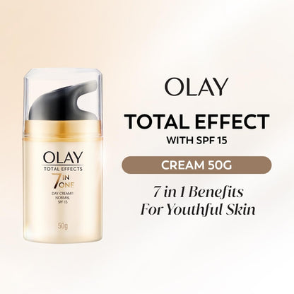 Olay Total Effects Day Cream |with Vitamin B5, Niacinamide, Green Tea, SPF 15 |Fights 7 signs of ageing for glowing, hydrated and younger looking skin with UV protection |Suitable for Normal, Dry, Oily & Combination skin |50 gm