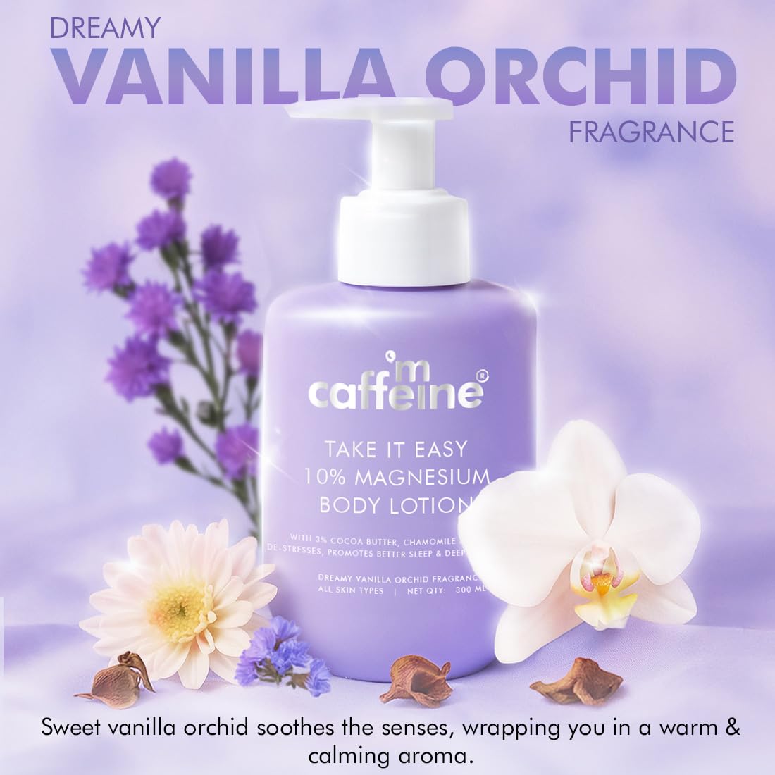mCaffeine 10% Magnesium Body Lotion 300ml | Stress-Relief & Better Sleep | Mild Vanilla Orchid Fragrance Calms & Soothes | 3% Cocoa Butter, Non-Greasy, Deep Moisturization Bodylotion for Men & Women | Summer Cream for Dry Skin