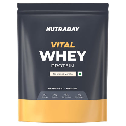 Nutrabay Gold Vital Whey Protein Powder for Beginners with Added Vitamins & Minerals â€“ Muscle Growth & Body Strength â€“ 1kg, Gourmet Vanilla | Easy to Digest | 100% Authentic Imported Clean Protein