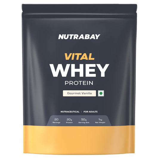 Nutrabay Gold Vital Whey Protein Powder for Beginners with Added Vitamins & Minerals â€“ Muscle Growth & Body Strength â€“ 1kg, Gourmet Vanilla | Easy to Digest | 100% Authentic Imported Clean Protein