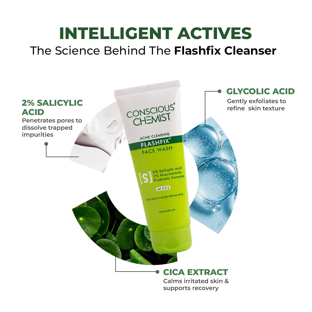 Conscious ChemistÂ® 2% Salicylic Acid Face Wash | 100ml | Face Wash for Oily & Acne Prone Skin for Men & Women, Glycolic Acid & CICA Extract, For Glowing & Radiant Skin, Vegan & Cruelty Free - Flashfix