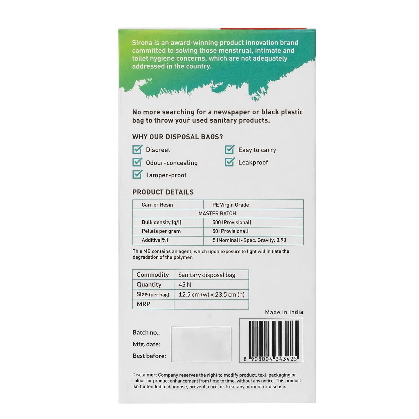 Sirona Sanitary Disposal Bags | 45 Bags | Pad Disposable Bags for Discreet Disposal of Tampons, Condoms, Sanitary Pads, Panty Liner & Personal Hygiene Waste (Green)