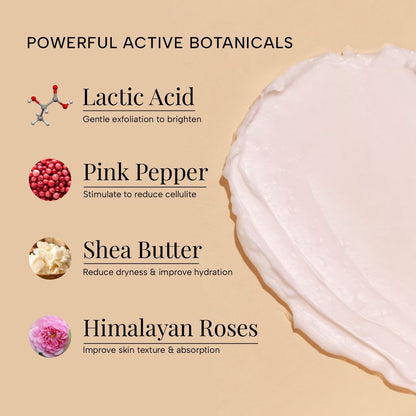 Ras Luxury Oils Brighten Exfoliating Creme Body Butter with Pink Pepper & Himalayan Rose | 24 Hour Long Lasting Hydration | Non-Greasy, Quick Absorbing Tan Removal Moisturizer For All Skin Type, 100gm