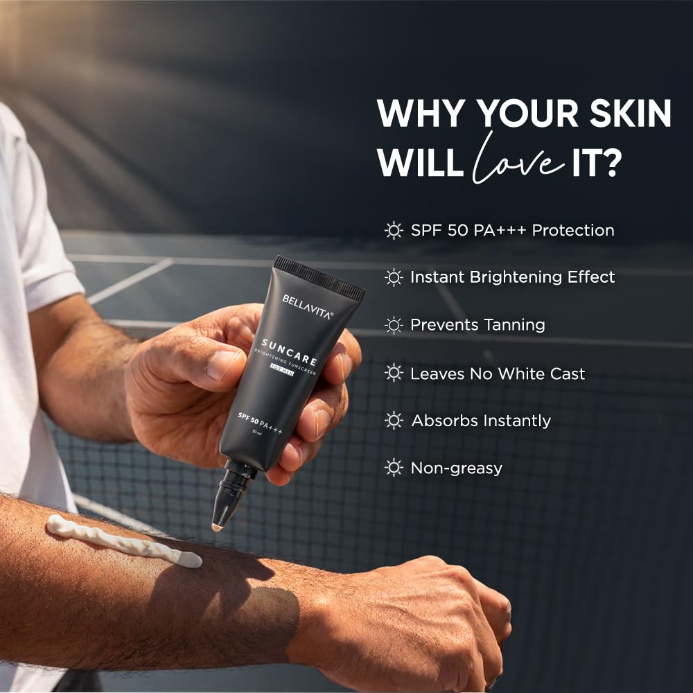 BELLAVITA Suncare Brightening Sunscreen For Men | SPF 50 PA+++ Broad Spectrum Protection | Zero White Cast | Brightens Skin Instantly | Ultra Lightweight | Prevents Tanning & Dullness | Instant Absorption | 30 ml