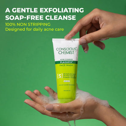 Conscious ChemistÂ® 2% Salicylic Acid Face Wash | 100ml | Face Wash for Oily & Acne Prone Skin for Men & Women, Glycolic Acid & CICA Extract, For Glowing & Radiant Skin, Vegan & Cruelty Free - Flashfix