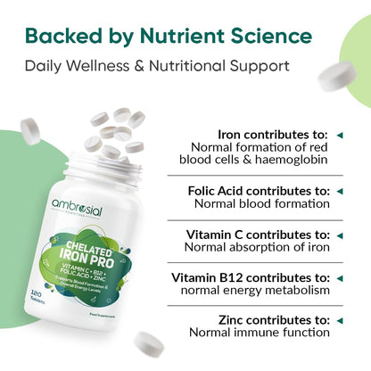 Ambrosial Iron Bisglycinate with Folic Acid, Vitamin C, Vitamin B12 & Zinc | Chelated Iron Tablets for Men & Women | 120 Vegetarian Tablets