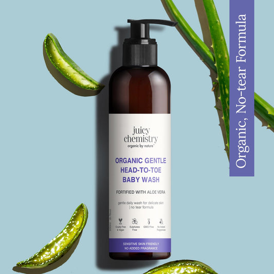 Juicy Chemistry Organic Gentle Head-to-Toe Baby Wash with Aloe Vera, 200ml | Nourishing Cleanser for Babies | Soothes & Clarifies Skin | Gentle Daily Head-to-Toe Wash | No Tear Formula | Sulphate Free | Dermatologically Tested