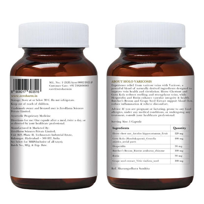 ZEROHARM Holo Varicosis With Horse Chestnut, Gotu Kola, Hesperidin, Rutin, Butcherâ€™s Broom & Grape Seed Extract | Reduce Varicose Veins, Boost Circulation and Leg Comfort | For Men and Women | 60 Nano Capsules