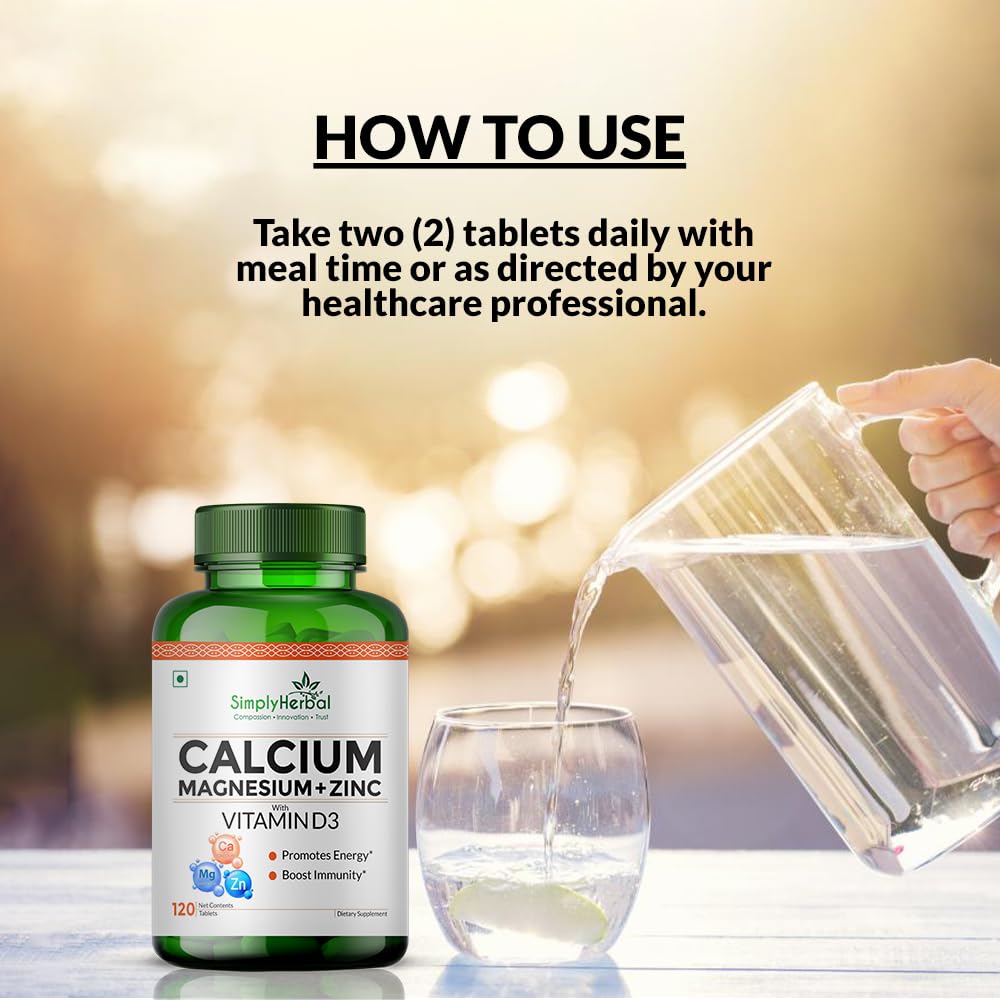 Simply Herbal Calcium Magnesium Zinc Vitamin D3 Supplement Tablet for Men & Women With Vitamin B12 Promote Bone Density & Muscle Growth Helps to Fight Bone Loss 120 Tablets