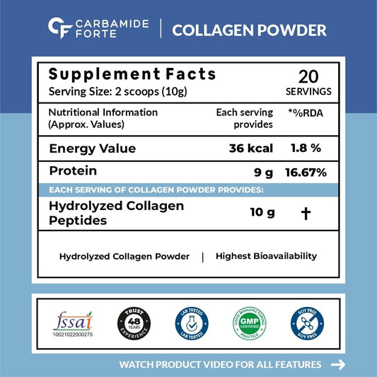 Carbamide Forte Collagen Supplements | Collagen Powder For Women & Men | Type 1 & 3 Hydrolyzed Collagen Peptides That Supports Skin, Hair, & Joint Health | Unflavoured - 200g