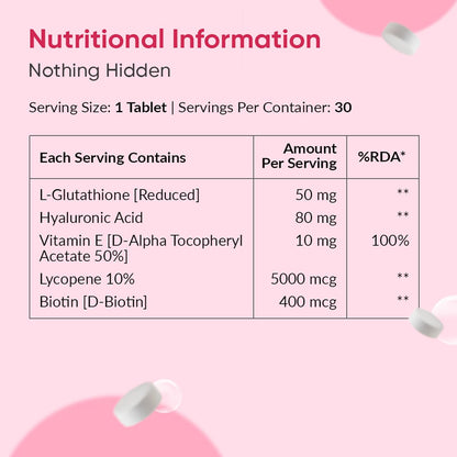 Ambrosial Gluta-Glow L-Glutathione 500mg Tablets with Vitamin C, Vitamin E, Hyaluronic Acid, Lycopene & Biotin â€“ Japanese L Glutathione Supplement â€“ 30 Vegan Tablets