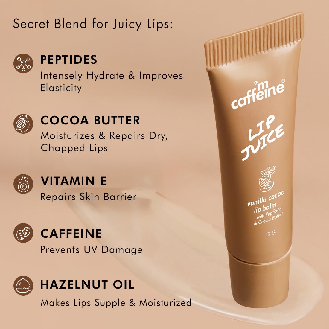 mCaffeine Lip Juice Vanilla Cocoa Lip Balm | 24 hrs Moisturization | Sweet Vanilla Flavor | With Peptides, Cocoa Butter & Vitamin E | Heals Dry & Chapped Lips | Lip Balm For Men & Women - 10g
