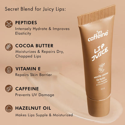 mCaffeine Lip Juice Vanilla Cocoa Lip Balm | 24 hrs Moisturization | Sweet Vanilla Flavor | With Peptides, Cocoa Butter & Vitamin E | Heals Dry & Chapped Lips | Lip Balm For Men & Women - 10g