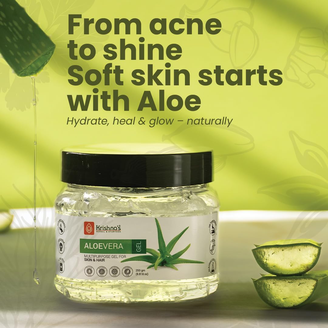 KRISHNA'S HERBAL & AYURVEDA Aloe Vera Gel - 250 G, Pure White Non-Sticky Transparent 3 In 1 Aloe Fresh Soothing Gel For Skin, Body & Hair, Vitamin E Natural Emollients, Dark Spots And Acne