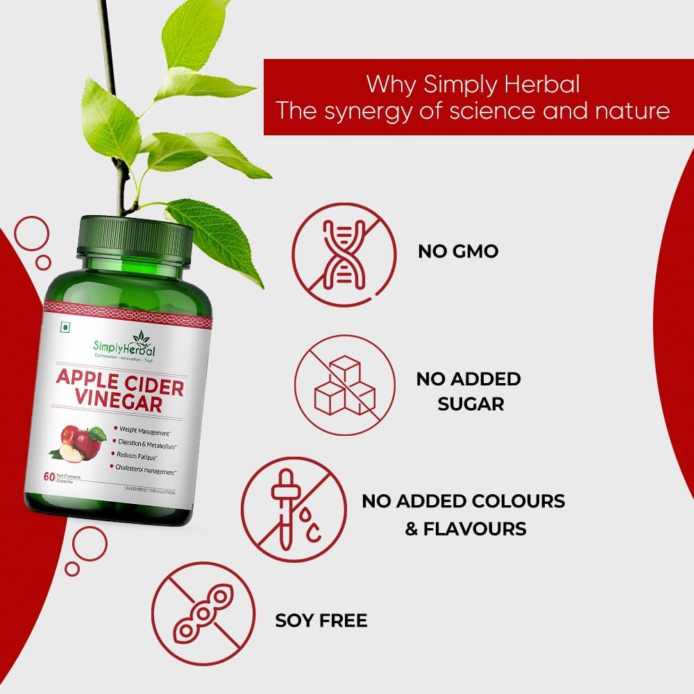 Simply Herbal Organics Apple Cider Vinegar 500mg Supplement for Weight Management | ACV Capsules, Probiotics Blend, Boost Metabolism, Belly Fat Loss- 60 Veg Capsules