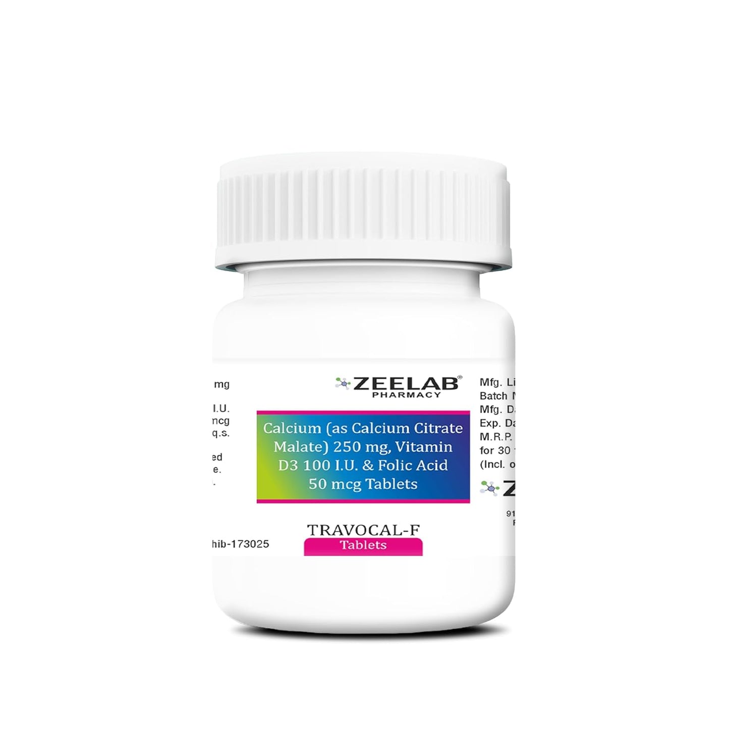 Zeelab Travocal F Tablets | Calcium Citrate Malate (250 mg) + Vitamin D3 100 IU + Folic Acid (50 mcg) (30 Tablets Jar)