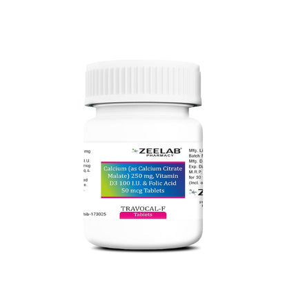 Zeelab Travocal F Tablets | Calcium Citrate Malate (250 mg) + Vitamin D3 100 IU + Folic Acid (50 mcg) (30 Tablets Jar)