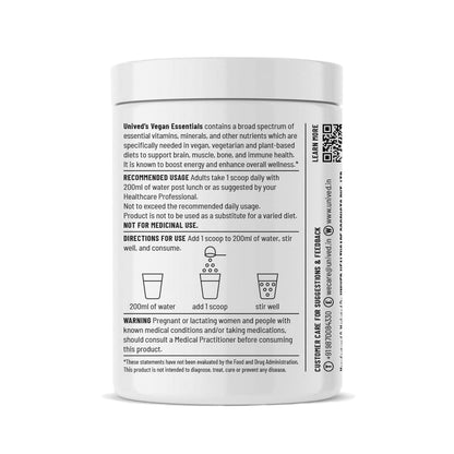 Unived Vegan Essentials | Formulated for those on a Plant-Based diet | Adequately dosed Key Vitamins, Minerals, Supergreens, and Amino Acids | 30 Servings