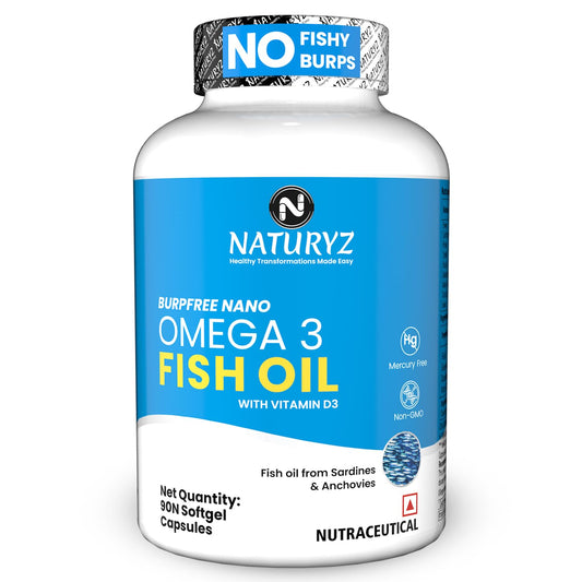 NATURYZ BURPFREE OMEGA 3 Fish Oil 2000 Mg with Vitamin D3 | No Fishy Burps | Extracted from Sardines & Anchovies | EPA & DHA | Nano Emulsion Capsules for faster absorption & superior Bioavailability | Muscle,Skin,Eyes, Heart & Brain Health- 90 Softgels