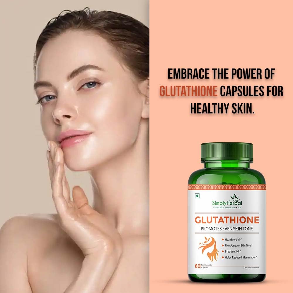 Simply Herbal L Glutathione 1000mg Capsules With Vitamin C & E for Immune Support, Healthy Radiant Skin Glowing, Antioxidant Support, Grape Seed Extract & Biotin - 60 Veg Capsules, 80 grams