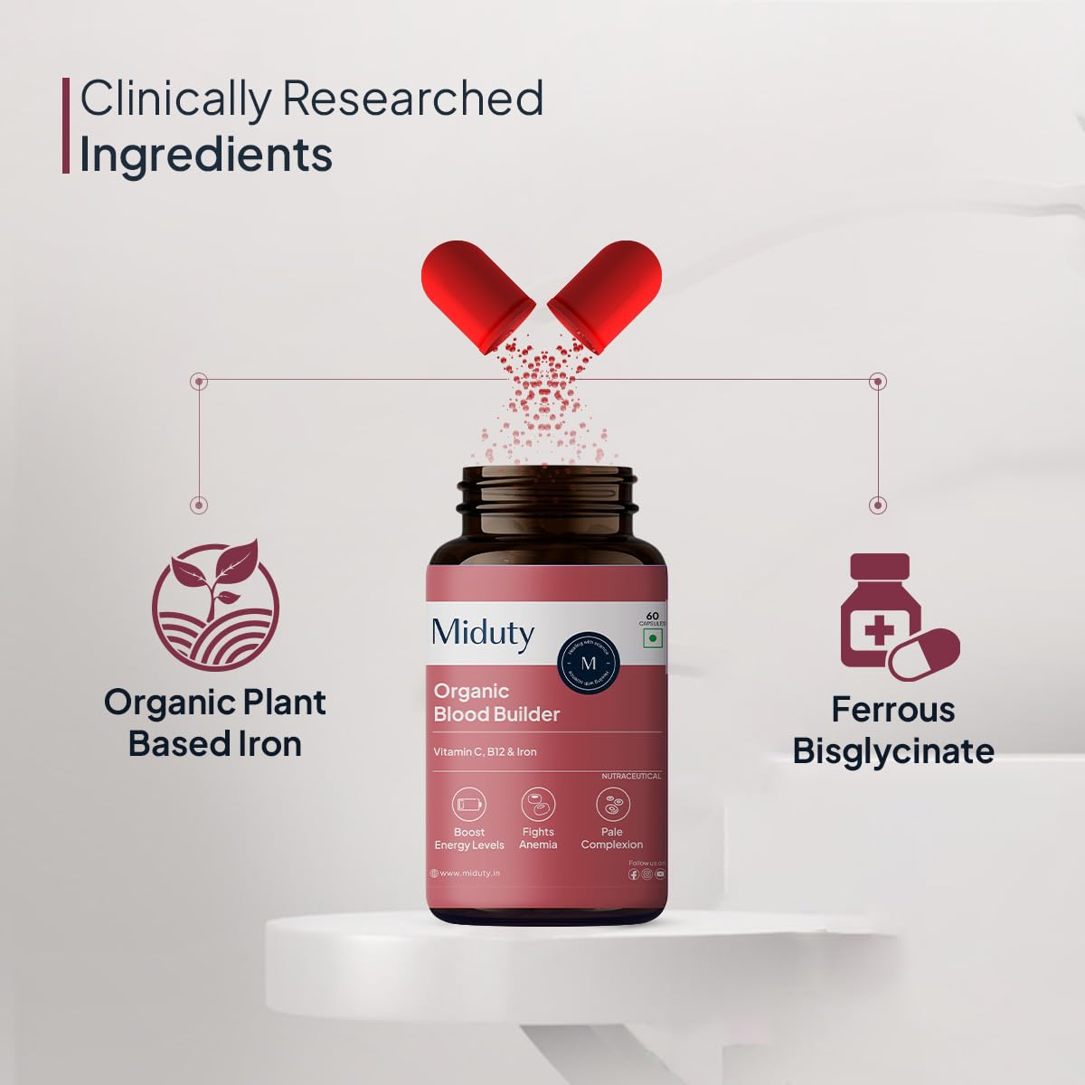 Miduty by Palak Notes Organic Blood Builder, Anemia Supplement, Green Amla, Barley Leaves, Beet Root, Organic Iron Supplement, Hemoglobin Booster, Increase HB, Organic Blood Builder Pack - 60 Caps