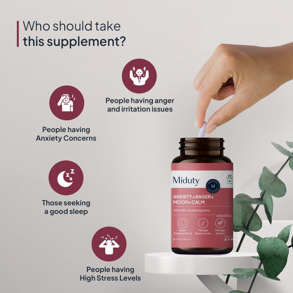 Miduty by Palak Notes Anxiety Anger Mood Calm Supplement For Happy Mood, Anti Depressant - KSM - 66 Ashwagandha Root - 5 HTP - L Tryptophan - 60 Capsules