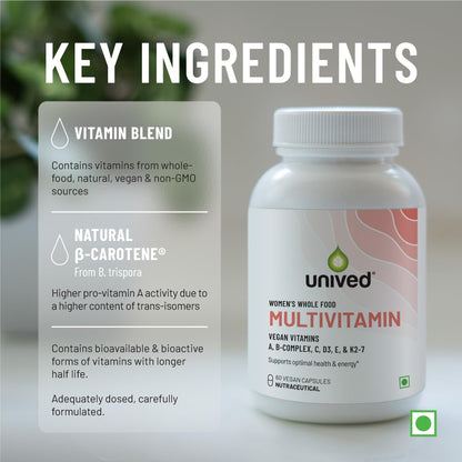 Unived Wholefood Multivitamin for Women | Vegan Plant-Based Multivitamins A, B-Complex, C, D3, E, & K2-7| Natural, Wholefood Plant Based, & Vegan | 60 Capsules