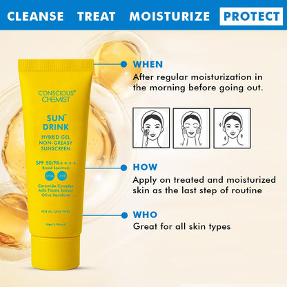 Conscious ChemistÂ® Dewy Ceramide Sunscreen SPF 50 PA++++ In-Vivo Tested | For Oily Skin | UVA/UVB & Blue Light Protection | Fragrance-Free | For Men & Women, All Skin Type - Sun Drink | 20g